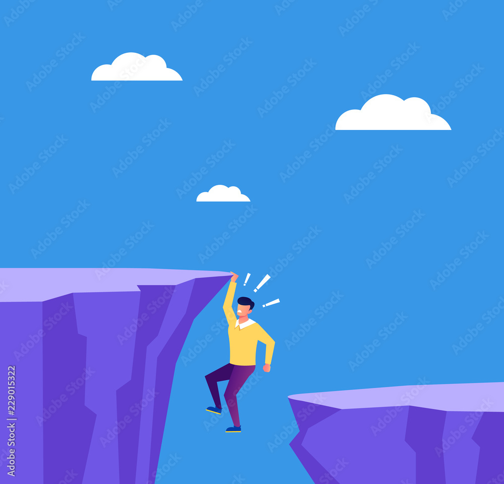 Entrepreneur businessman employee character hold on cliff. Business career finance fail concept. Vector flat cartoon graphic design isolated illustration