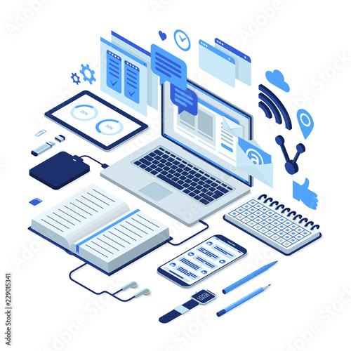 Isometric illustration of working process, time management, data analysis, social network. Freelancer workspace with laptop, tablet, smartphone with open apps, pop-up windows and messages.