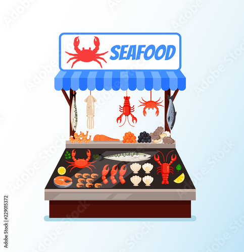 Fish seafood street store market full of fresh meat. Vector flat cartoon graphic design isolated illustration