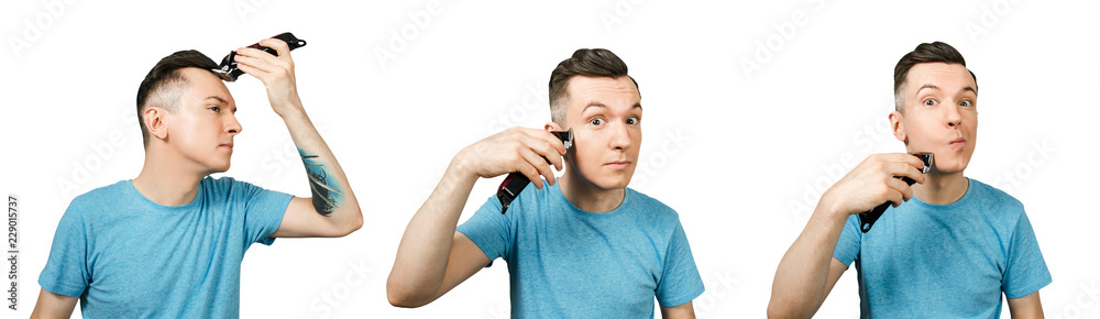 Set of portraits of young guy holding clipper isolated on a white background. Set of portraits of young guy holding clipper isolated on a white background.