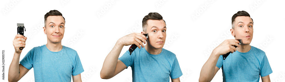 Set of portraits of young guy holding clipper isolated on a white background. Set of portraits of young guy holding clipper isolated on a white background.