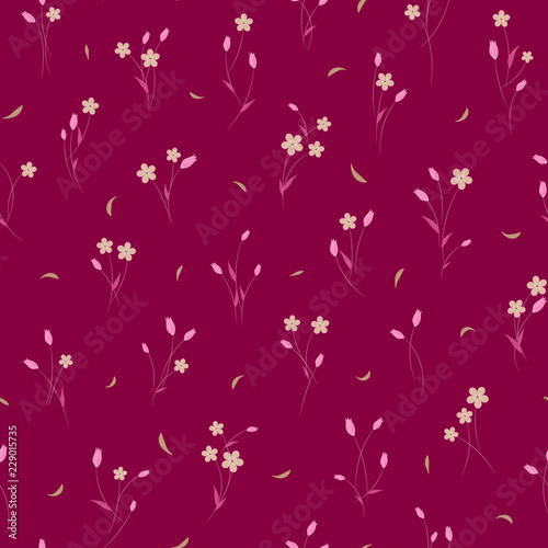 Seamless vector floral pattern with tiny chamomile and tulip flowers in monochrome pink colors on purple background