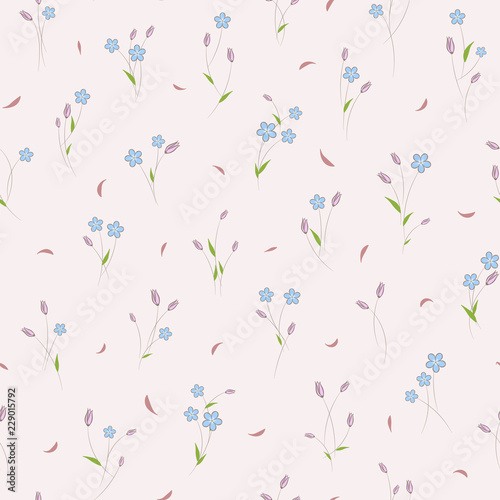 Seamless vector floral pattern with tiny chamomile and tulip flowers in pink and blue colors on white background