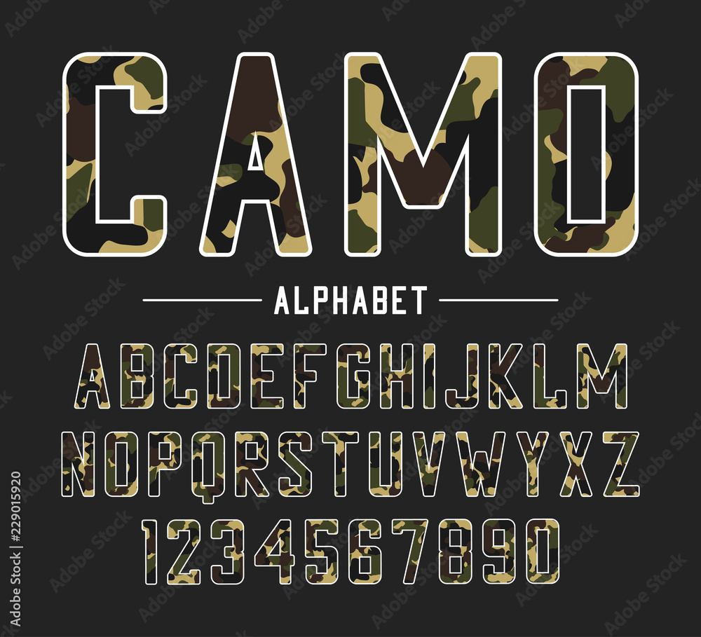 Sans serif font with camouflage texture. Condensed bold typeface, high  alphabet with numbers in military and army style. Vector illustration.  Stock Vector | Adobe Stock