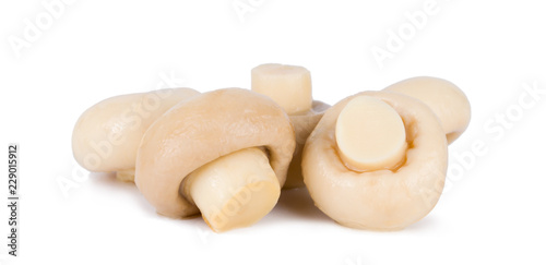 Group of tasty Pickled marinated mushrooms isolated on white background