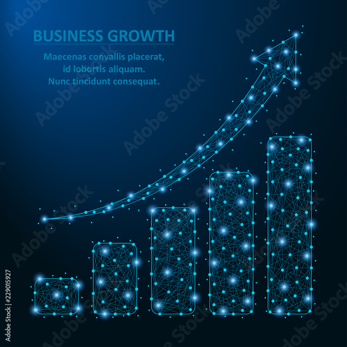 Low poly business diagram with growth arrow and bar chart made by dot and line with polygonal wireframe mesh. Vector illustration.