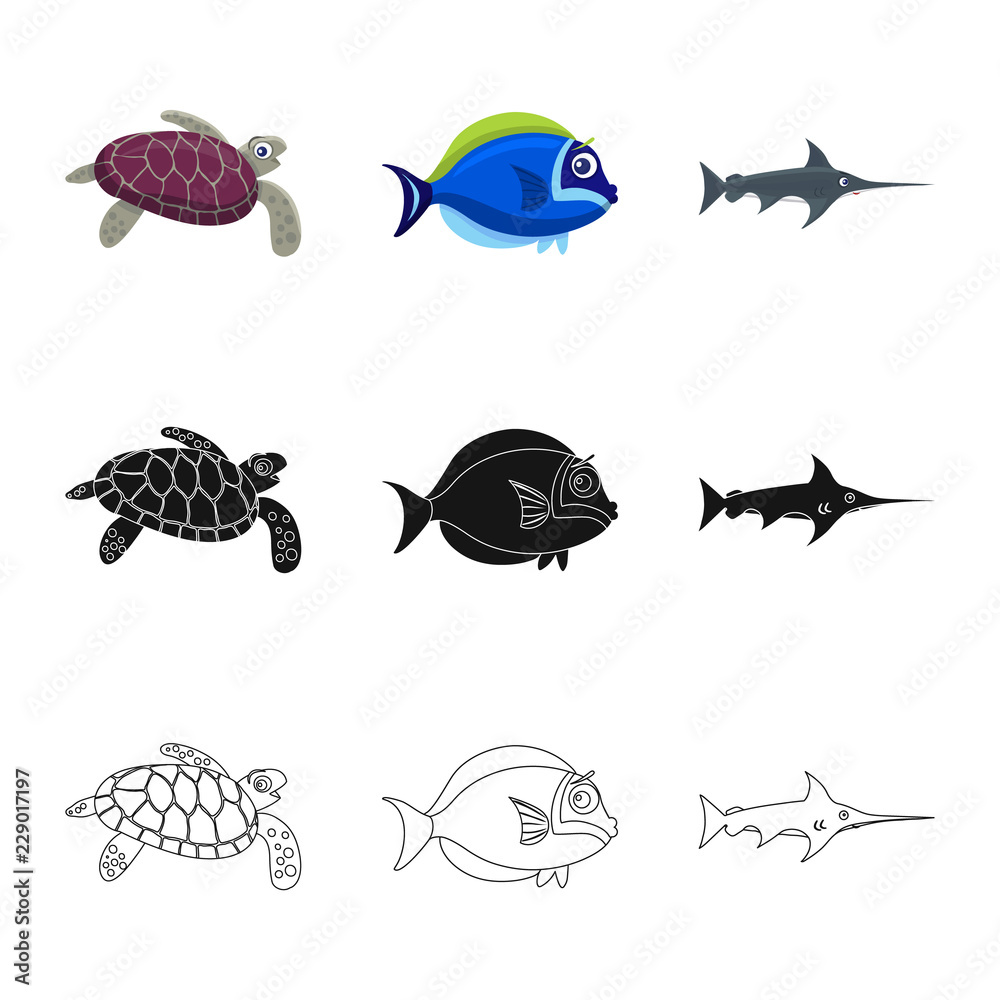 Isolated object of sea and animal icon. Set of sea and marine stock vector illustration.