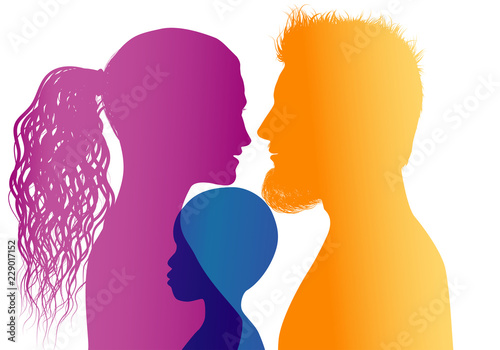 Young mom and dad adopt an African or African American child. Vector color profile silhouette