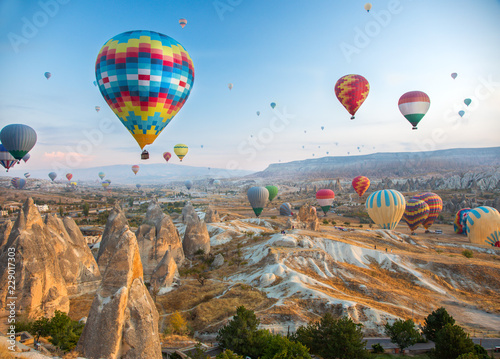 Hot air balloon flying over Cappadocia, Turkey photo