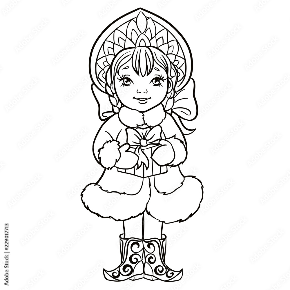 Cartoon Snow Maiden Snegurochka holds a box with a gift. Traditional Russian Christmas and New Year character. Vector illustration on a white background. Outlined for coloring book. Cartoon Snow Maiden Snegurochka holds a box with a gift. Traditional Russian Christmas and New Year character. Vector illustration on a white background. Outlined for coloring book.