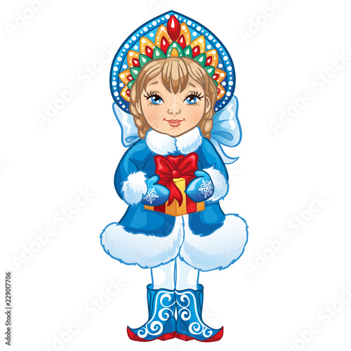 Cartoon Snow Maiden Snegurochka holds a box with a gift. Traditional Russian Christmas and New Year character. Vector illustration on a white background.