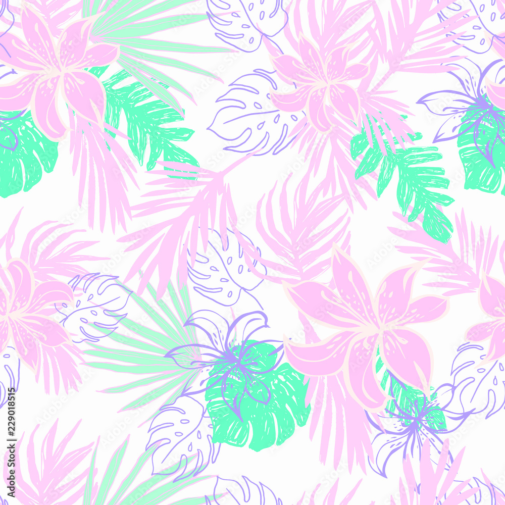 Beautiful Exotic Flowers and Leaves Pattern Vector  Illustration for Surface , Invitation , Notebook, Banner , Wrap Paper ,Textiles, Cover, Magazine ,Postcard Background ,Textile , Wallpaper, Fashion 