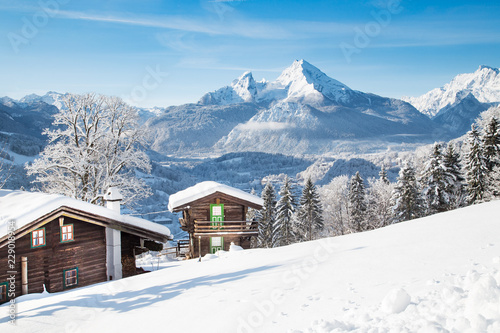 Rustic mountain cabins in the Alps in winter