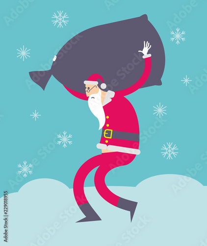 Flat cartoon vector illustration of a jolly character: Santa Claus carrying a heavy gift bag on his back.