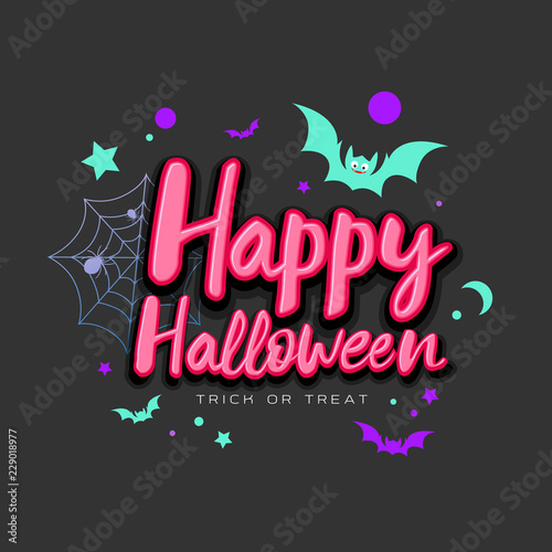 Happy Halloween pink message with colorful bat on black background, vector illustration