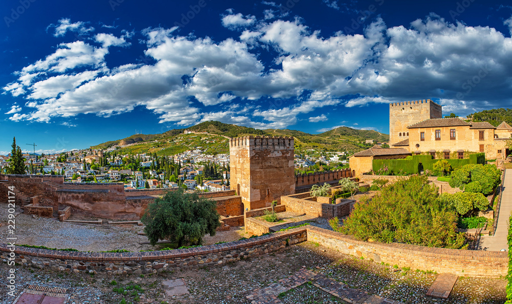 Panoramic view on the famous Alhambra and its garden in Granada
