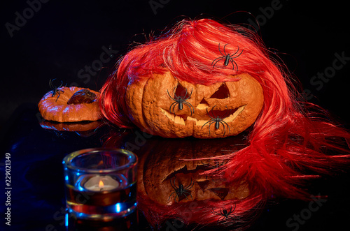 Halloween pumpkins smile and scrary eyes for party night photo