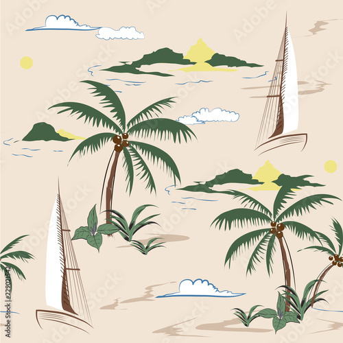 Beautiful seamless island pattern on beige background. Landscape with palm trees