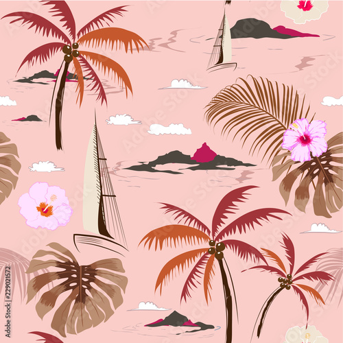 Beautiful seamless island pattern on pink  background.