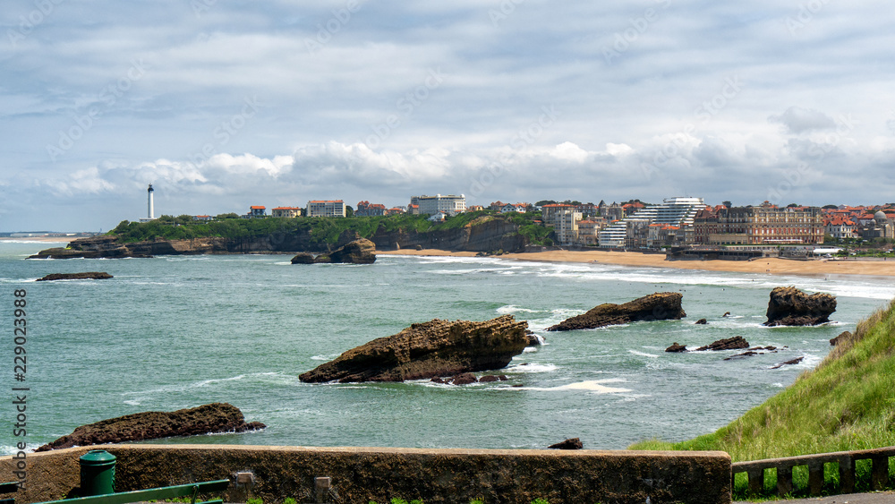 view of Biarritz beach under cloudy sky, France