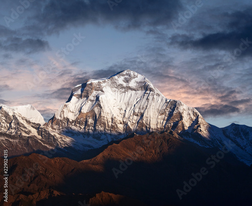 Dhaulagiri mount at sunset- view from Poon Hill on Annapurna Circuit Trek in Nepal Himalaya