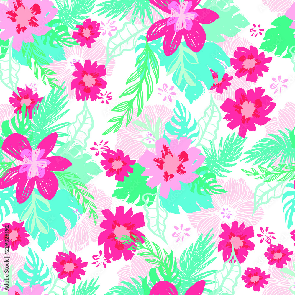 Beautiful Exotic Flowers and Leaves Pattern Vector  Illustration for Surface , Invitation , Notebook, Banner , Wrap Paper ,Textiles, Cover, Magazine ,Postcard Background ,Textile , Wallpaper, Fashion 