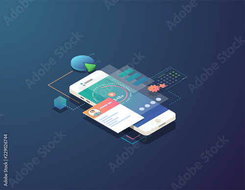 Mobile time management concept. Isometric mobile phone with futuristic UI and layers of applications and stopwatch. App on mobile phone for time organization. UI and software schedule app. 