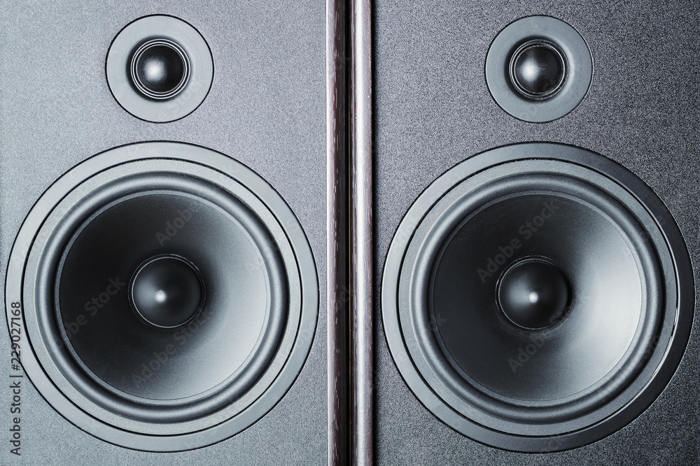 Two audio sound speakers on dark background, close up Two audio sound speakers on dark background, close up