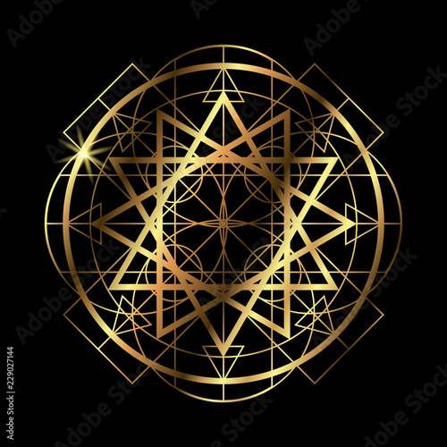 Vector ornamental Buddhist symbol, ethnic art, patterned occult symbol. Geometric mandala ornament. Invitation. Golden stickers, flash temporary tattoo, mehndi and yoga design, boho, magic symbol.