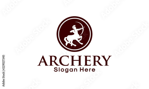 New Template 2Centaur Archer Logo. a mythological creature with the upper body of a human holding a bow and arrow and the lower body and legs of a horse.