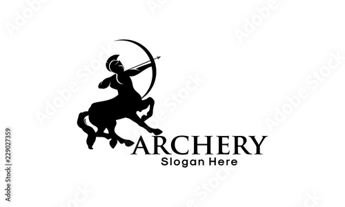 New Template 2Centaur Archer Logo. a mythological creature with the upper body of a human holding a bow and arrow and the lower body and legs of a horse.