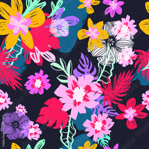 Bright Pop Art Print with Brush Strokes Background . Seamless Pattern with Flowers and Leaves .Texture for Wallpapers  Web Page   Surface Textures   Wrap Paper  Textiles  Cover  Magazine .