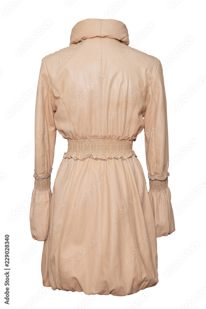 Leather coat. Luxurious elegant bright female leather coat isolated on a white background. Fashionable stylish new collection of woman clothes.