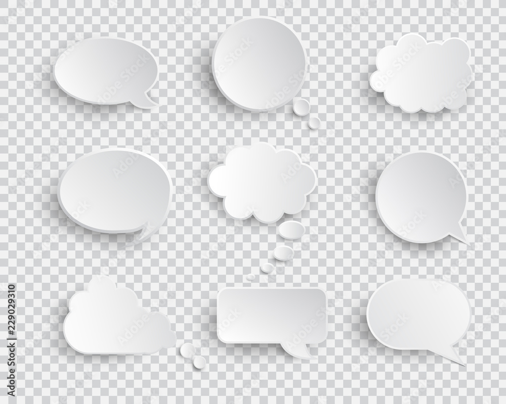 White blank speech bubbles isolated vector set. Infographic design thought bubble on the transparent background. Eps 10 vector file.