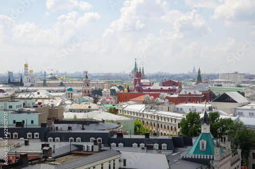 Summer view of the Moscow city and the Kremlin from the observation deck of the Central children's store on Lubyanka, Russia