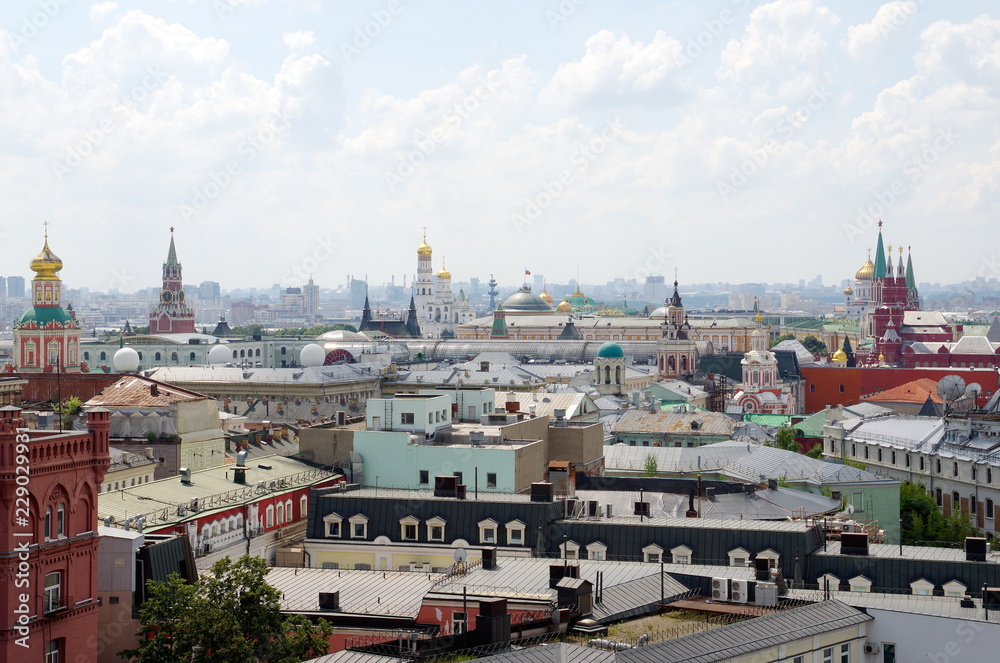 Summer view of the Moscow city from the observation deck of the Central children's store on Lubyanka, Russia