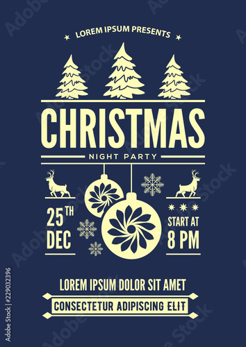 Christmas night party invitation, flyer or poster design. Vector illustration.