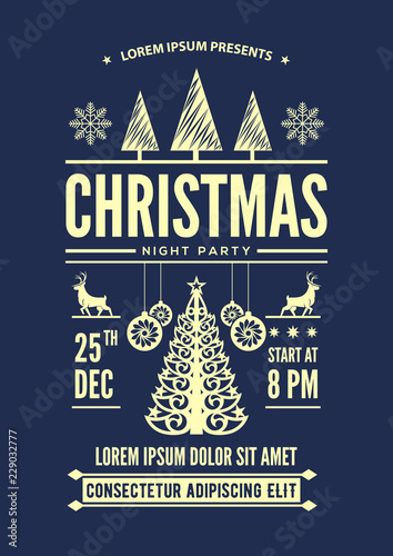 Christmas night party invitation, flyer or poster design. Vector illustration.
