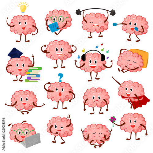 Brain emotion vector cartoon brainy character expression emoticon and intelligence emoji studying illustration brainstorming set of businessman or superman kawaii isolated on white background