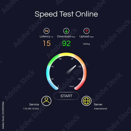 Internet connection speed test gauges on server locations and service providers
