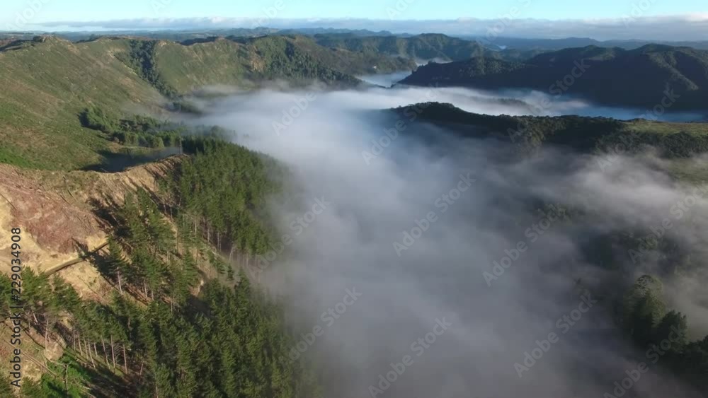 Aerial view of thick morning fog blanketing the Whanganui river, New Zealand Aerial view of thick morning fog blanketing the Whanganui river, New Zealand