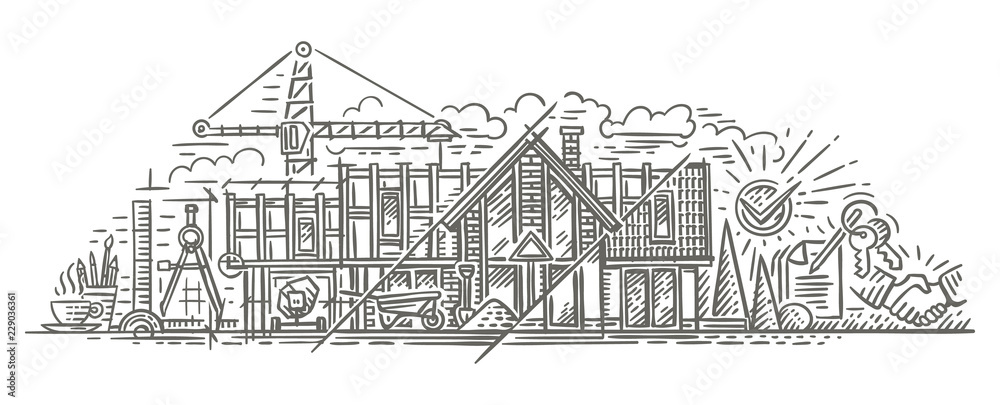 Construction/building process illustration. Building house stages, phases. Drawing. Vector. Isolated.