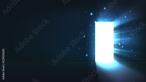 Light from the open door of a dark room  abstract mystical glowing exit  discovery  background  open door template  mock up