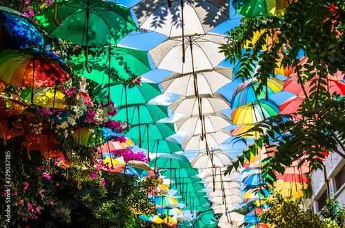 Multicolored umbrellas above street at Nicosia, Lefkosa, North Cyprus photo