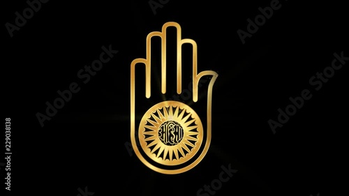 Jainism Ahimsha Religious symbol Particles Animation, Magical Particle Dust Animation of Religious Jain Hand Sign with Rays. photo