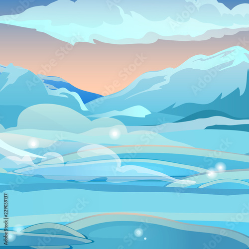 Sunrise in the snowy mountains. Sketch for Christmas and New year greeting card, festive poster or party invitations. Vector illustration.