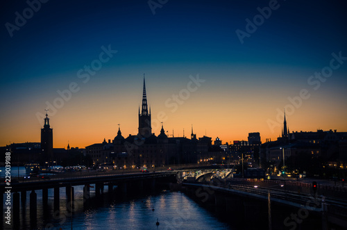 Silhouette of Stockholm cityscape skyline at sunset, dusk, Sweden