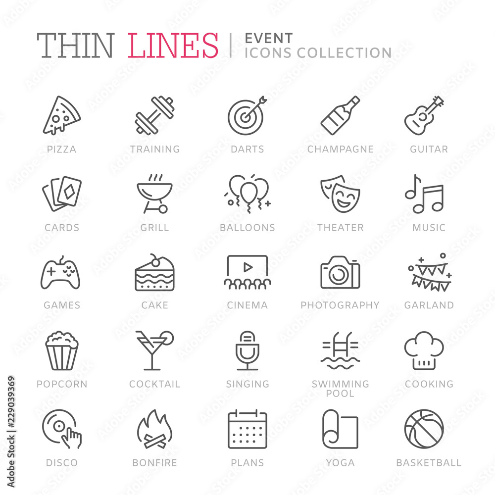 Collection of event related line icons. Vector eps8