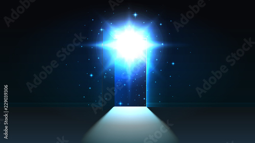 Mystical light from the open door of a dark room, open space, cosmos, background, discovery, abstract glowing exit, mock up