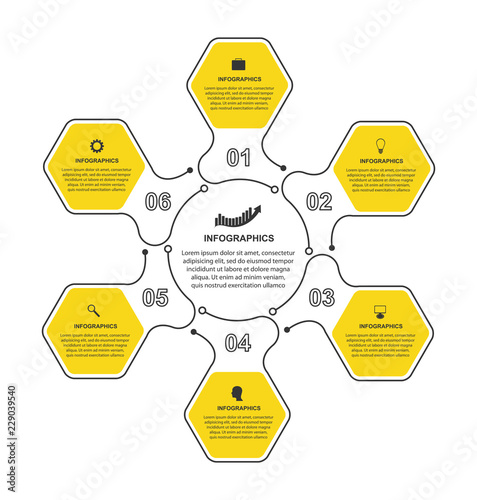 Vector Flat Hexagon options infographics template with 6 options or steps. Infographics for business presentations, flow chart or information banner.